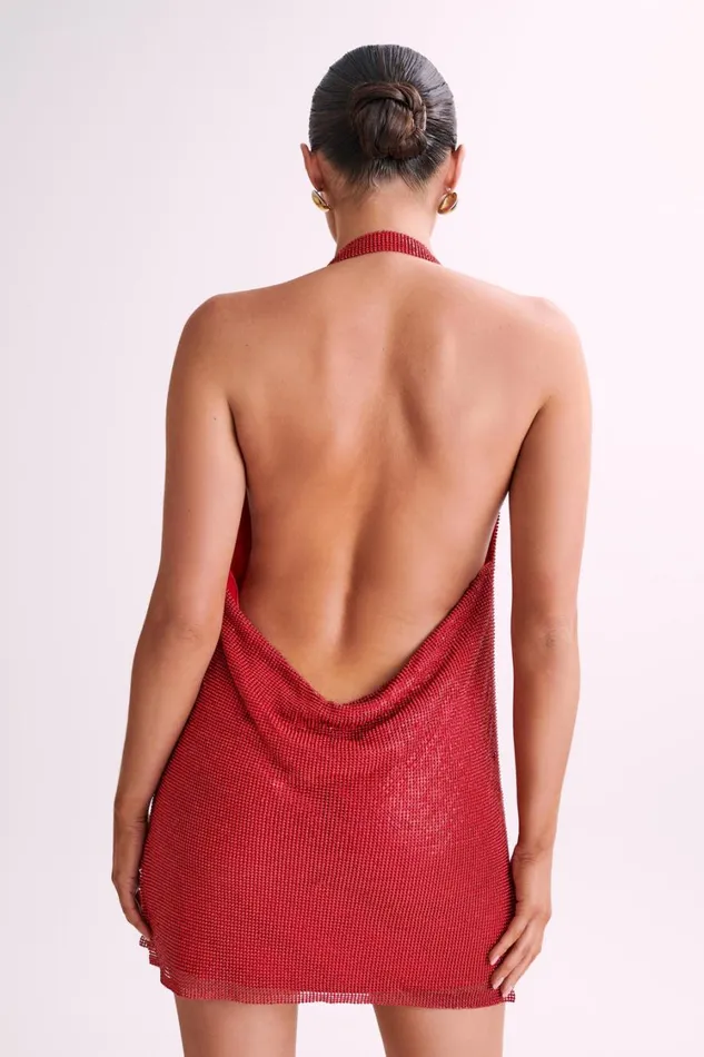 Women Meshki Dresses Meilani Low Back Diamante Mesh Mini Dress 8211 Red