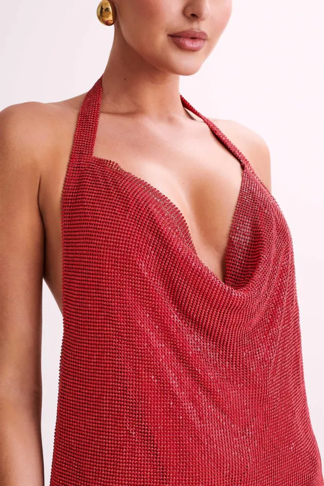 Women Meshki Dresses Meilani Low Back Diamante Mesh Mini Dress 8211 Red