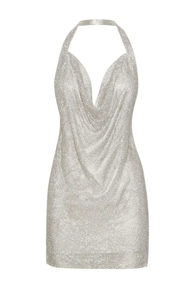 Women Meshki Dresses Meilani Low Back Diamante Mesh Mini Dress 8211 Silver