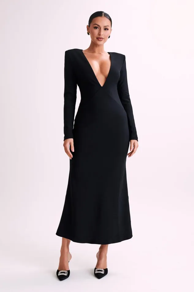 Women Meshki Dresses Michaela Long Sleeve Maxi Dress With Shoulder Pads 8211 Black