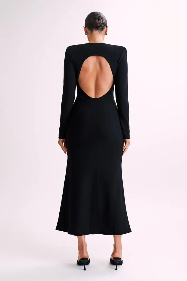 Women Meshki Dresses Michaela Long Sleeve Maxi Dress With Shoulder Pads 8211 Black