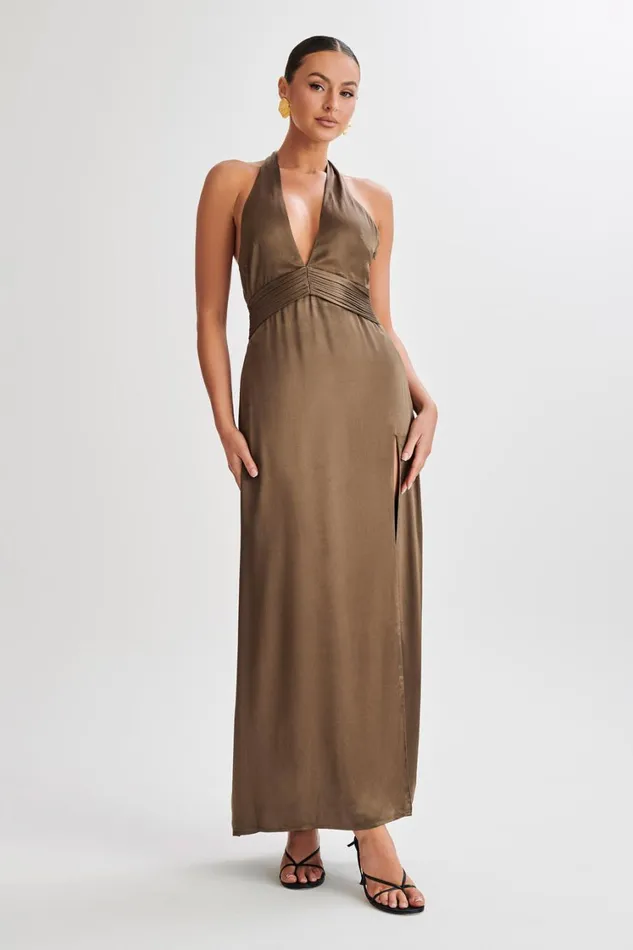 Women Meshki Dresses Milana Halter Maxi Dress 8211 Khaki