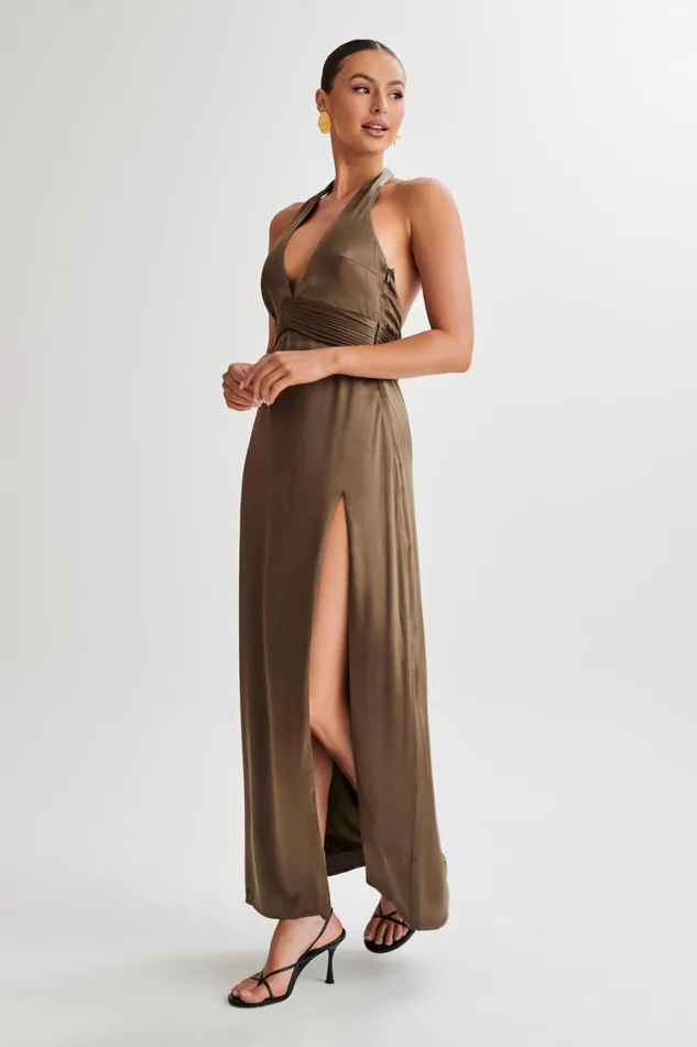 Women Meshki Dresses Milana Halter Maxi Dress 8211 Khaki