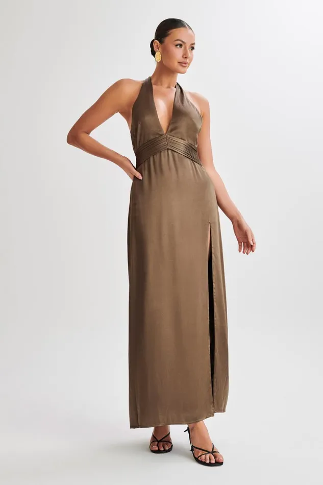 Women Meshki Dresses Milana Halter Maxi Dress 8211 Khaki