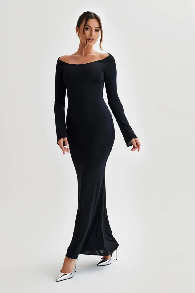 Women Meshki Dresses Millicent Slinky Long Sleeve Maxi Dress 8211 Black