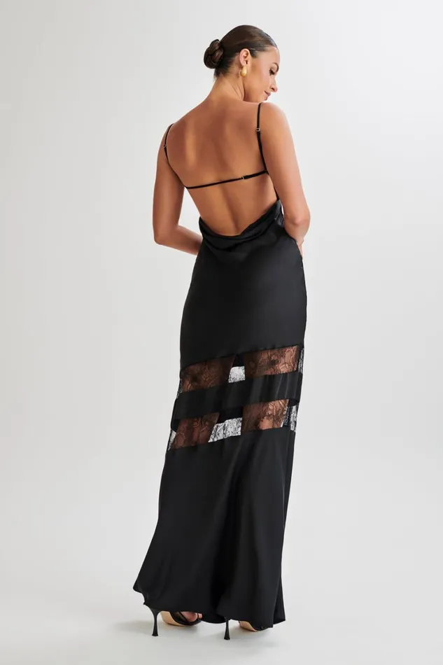 Women Meshki Dresses Myrna Satin Lace Maxi Dress 8211 Black