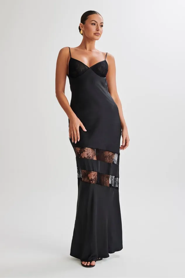 Women Meshki Dresses Myrna Satin Lace Maxi Dress 8211 Black