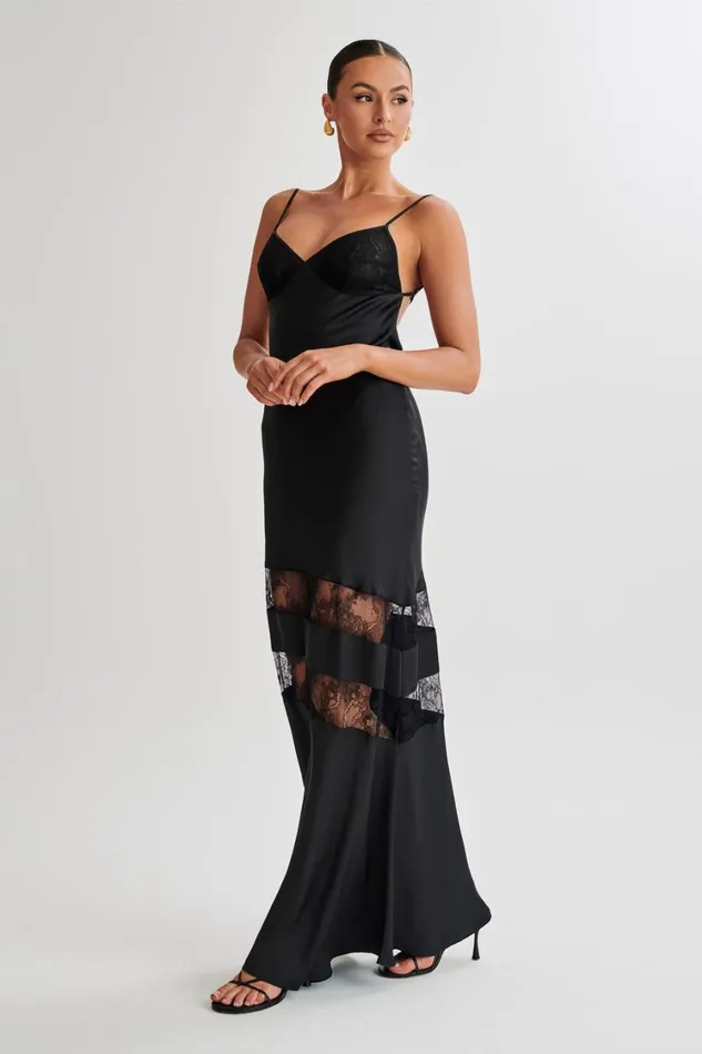 Women Meshki Dresses Myrna Satin Lace Maxi Dress 8211 Black