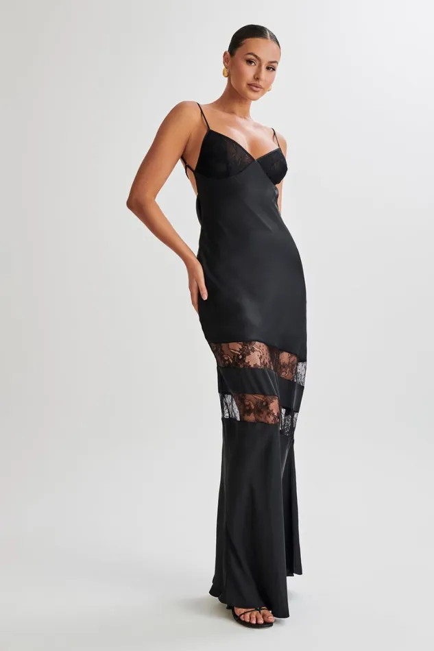 Women Meshki Dresses Myrna Satin Lace Maxi Dress 8211 Black