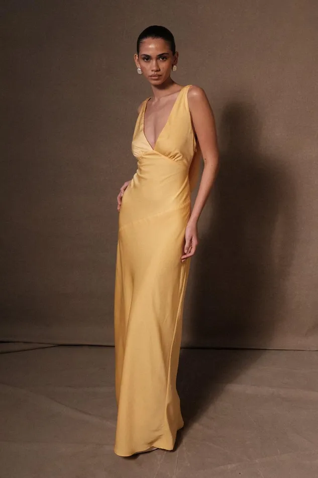 Women Meshki Dresses Nadia Maxi Satin Dress With Back Cowl 8211 Lemon