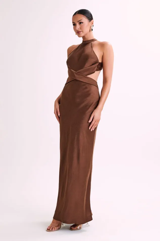 Women Meshki Dresses Nalani Satin Halter Maxi Dress 8211 Chocolate