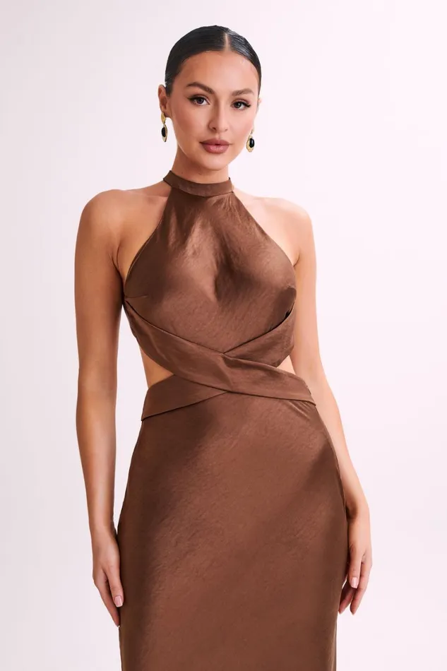 Women Meshki Dresses Nalani Satin Halter Maxi Dress 8211 Chocolate