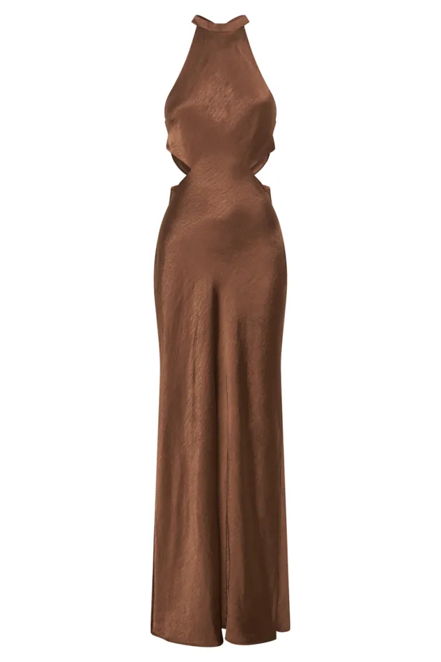 Women Meshki Dresses Nalani Satin Halter Maxi Dress 8211 Chocolate