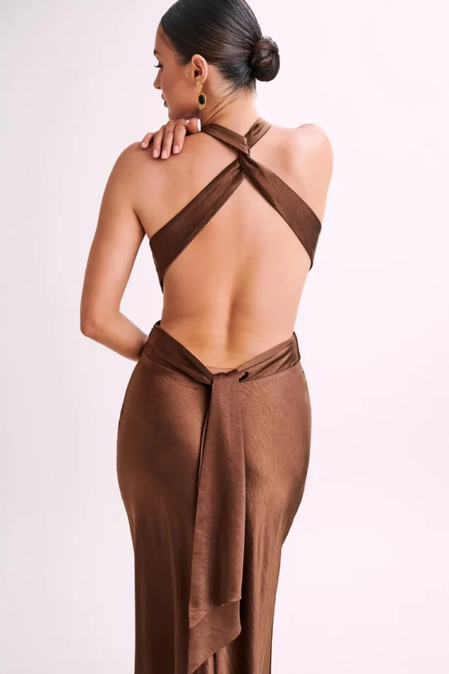 Women Meshki Dresses Nalani Satin Halter Maxi Dress 8211 Chocolate