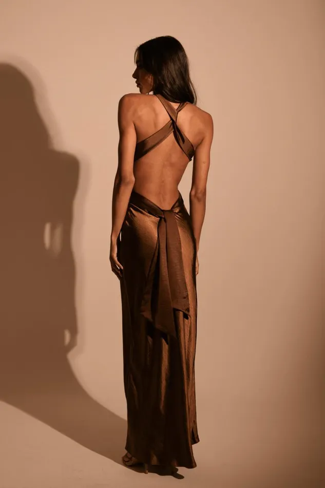 Women Meshki Dresses Nalani Satin Halter Maxi Dress 8211 Chocolate