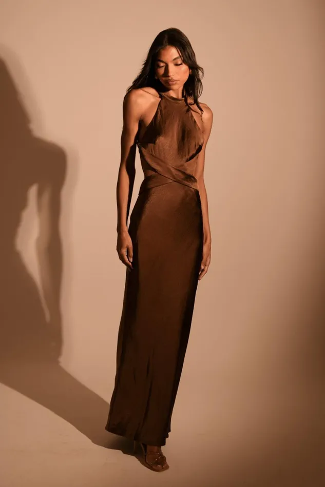 Women Meshki Dresses Nalani Satin Halter Maxi Dress 8211 Chocolate