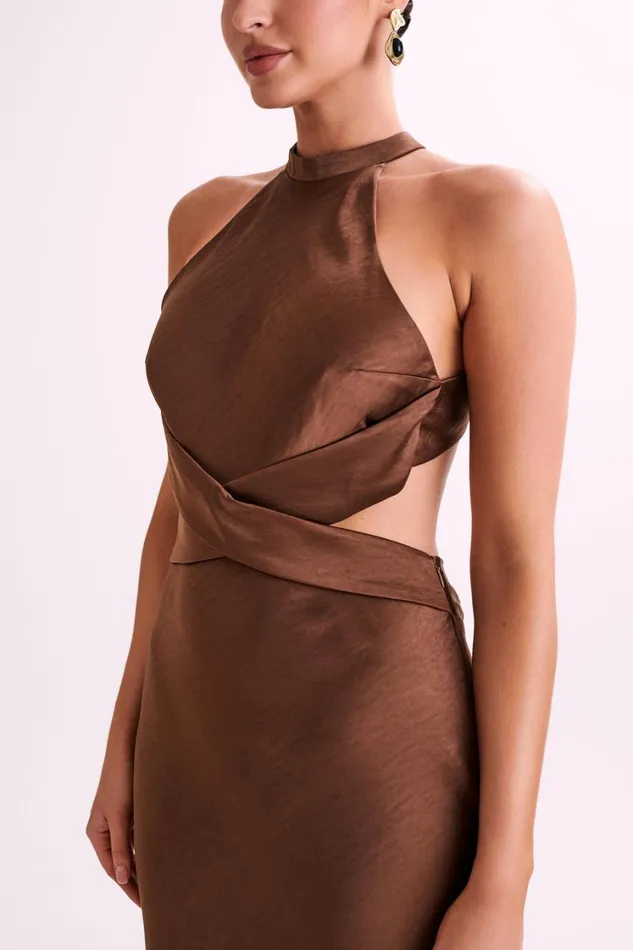 Women Meshki Dresses Nalani Satin Halter Maxi Dress 8211 Chocolate