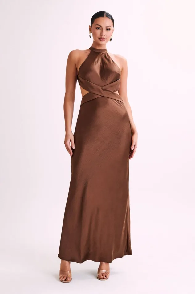 Women Meshki Dresses Nalani Satin Halter Maxi Dress 8211 Chocolate