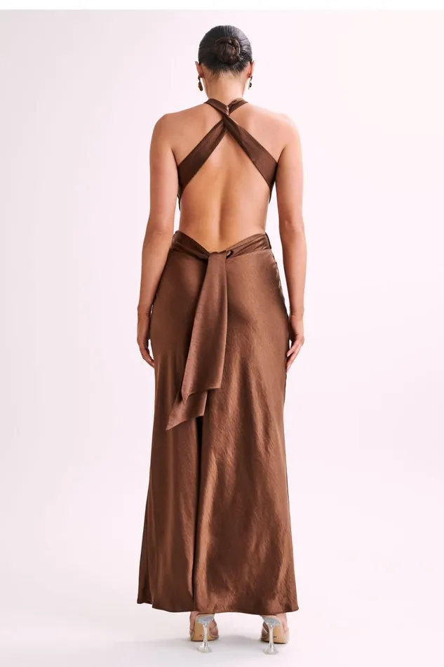Women Meshki Dresses Nalani Satin Halter Maxi Dress 8211 Chocolate