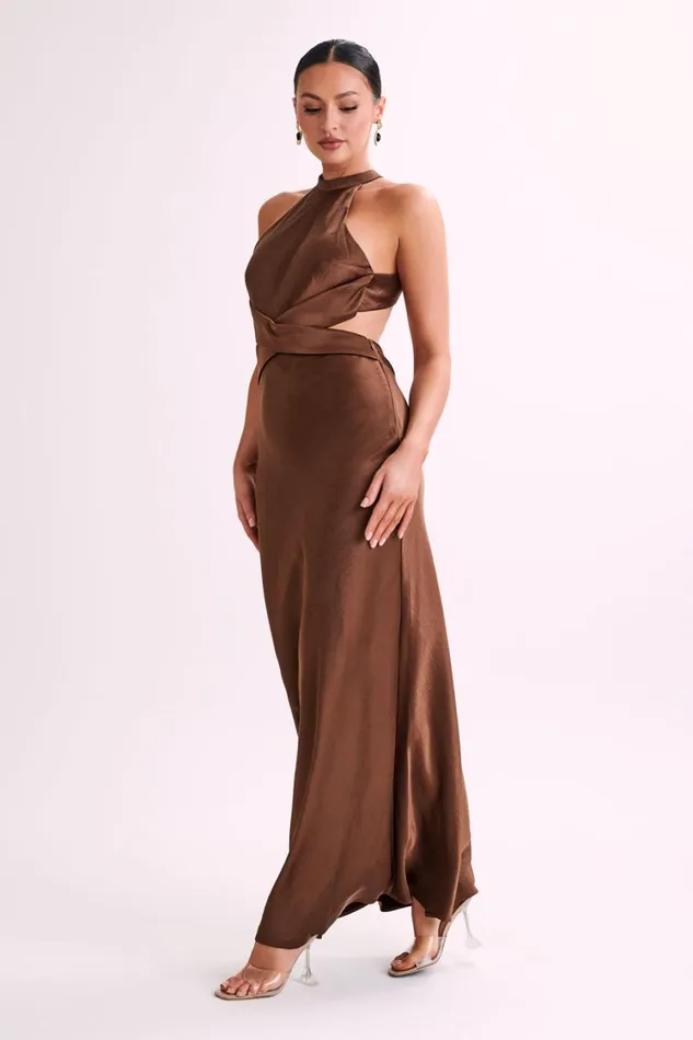 Women Meshki Dresses Nalani Satin Halter Maxi Dress 8211 Chocolate