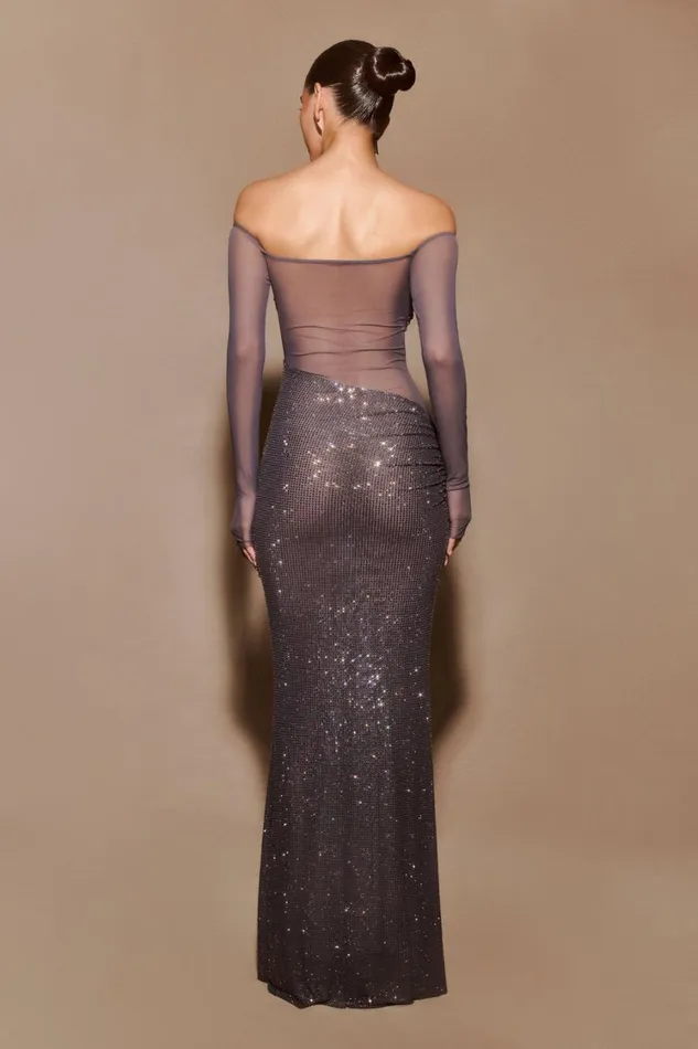 Women Meshki Dresses Nash Diamante Off Shoulder Maxi Dress 8211 Gunmetal