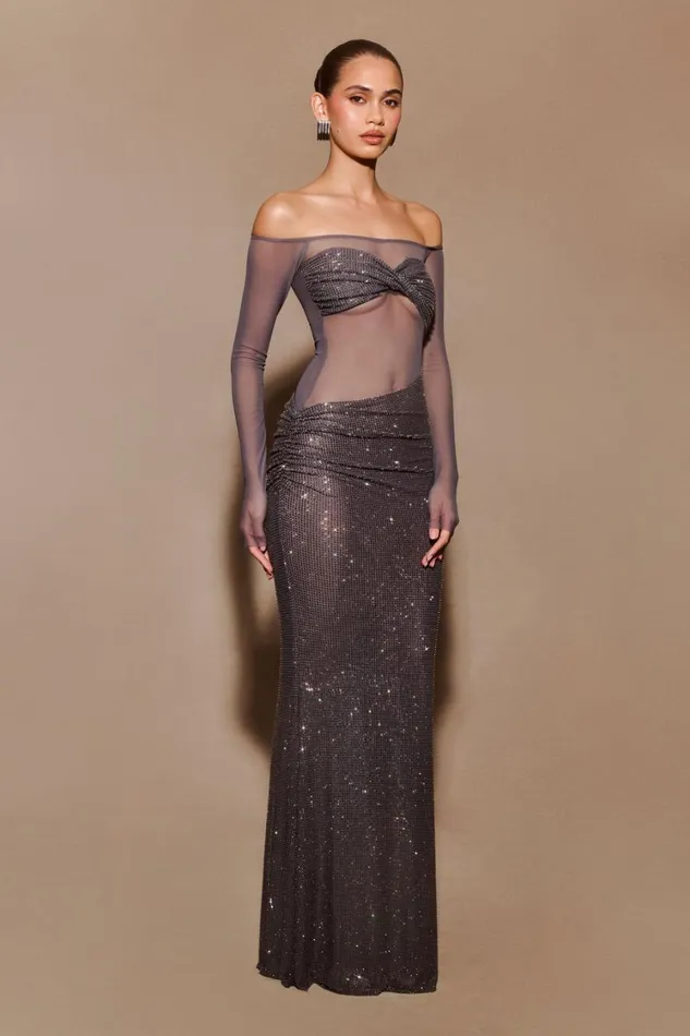 Women Meshki Dresses Nash Diamante Off Shoulder Maxi Dress 8211 Gunmetal