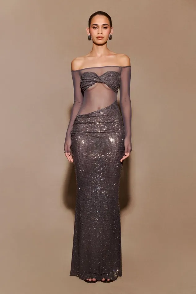 Women Meshki Dresses Nash Diamante Off Shoulder Maxi Dress 8211 Gunmetal