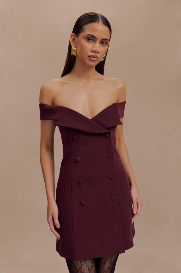 Women Meshki Dresses Noelle Off Shoulder Suiting Mini Dress 8211 Mahogany