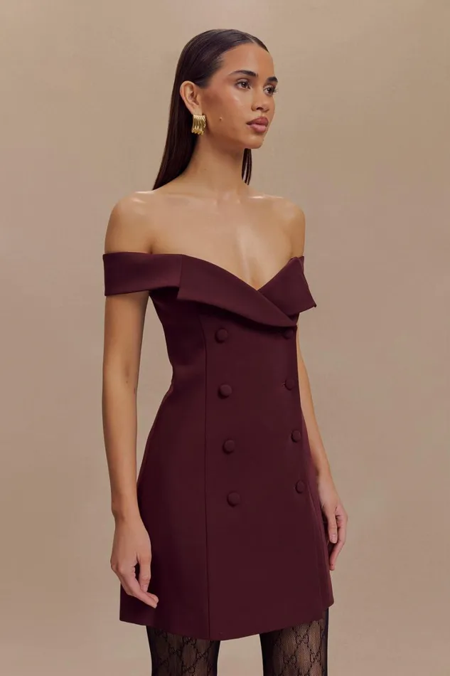 Women Meshki Dresses Noelle Off Shoulder Suiting Mini Dress 8211 Mahogany