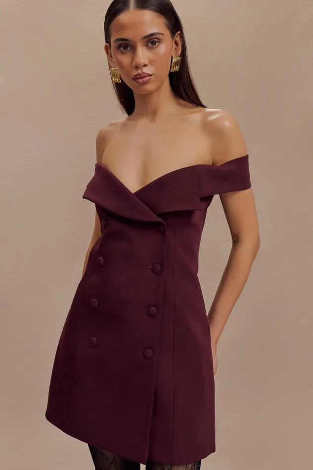 Women Meshki Dresses Noelle Off Shoulder Suiting Mini Dress 8211 Mahogany