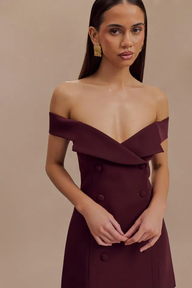 Women Meshki Dresses Noelle Off Shoulder Suiting Mini Dress 8211 Mahogany