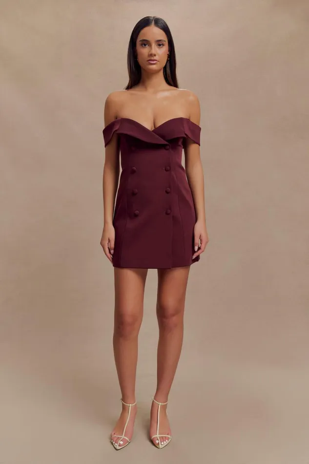 Women Meshki Dresses Noelle Off Shoulder Suiting Mini Dress 8211 Mahogany