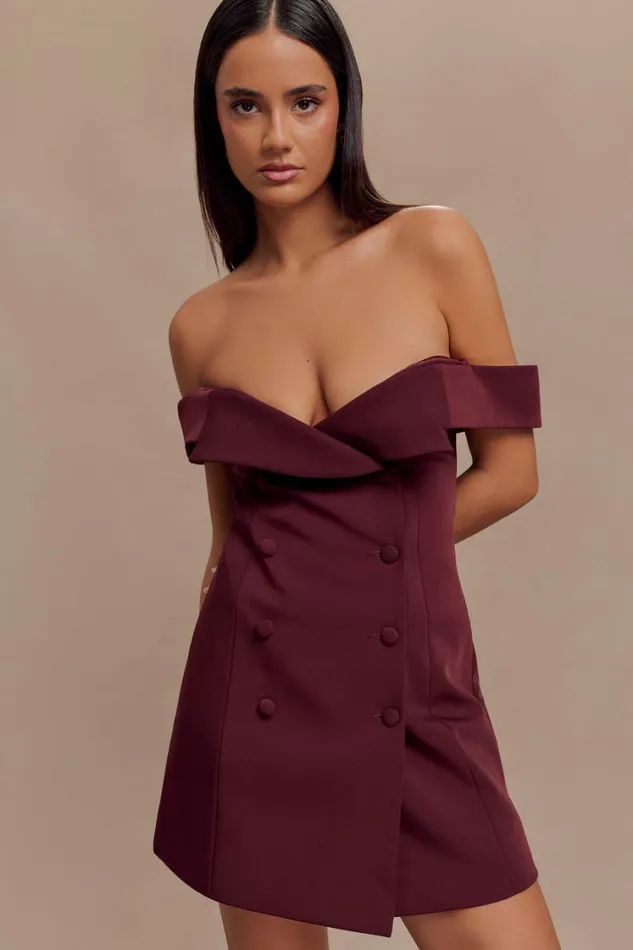 Women Meshki Dresses Noelle Off Shoulder Suiting Mini Dress 8211 Mahogany
