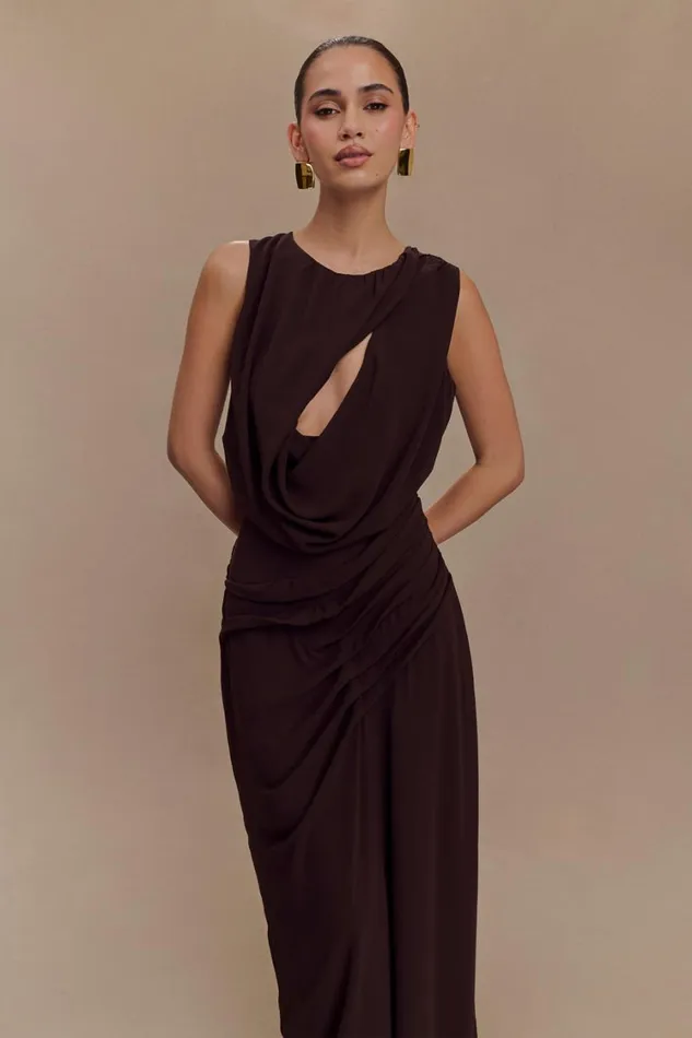 Women Meshki Dresses Oria Chiffon Maxi Dress 8211 Cacao Brown
