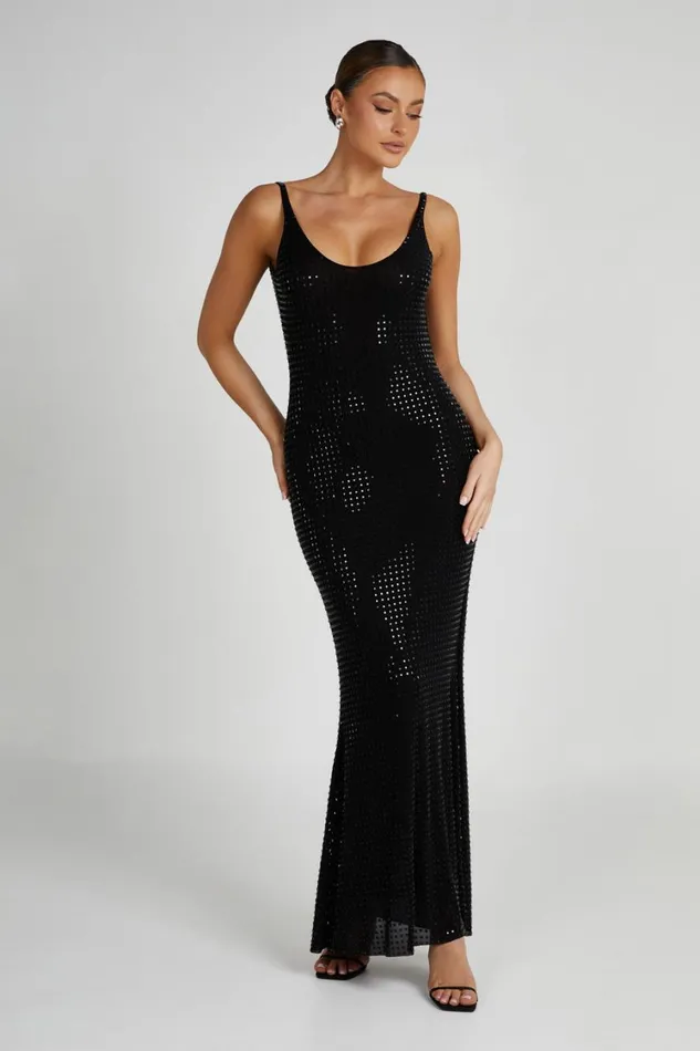Women Meshki Dresses Pam Square Diamante Maxi Dress 8211 Black