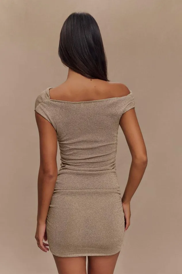 Women Meshki Dresses Pasha Off Shoulder Knit Mini Dress 8211 Gold