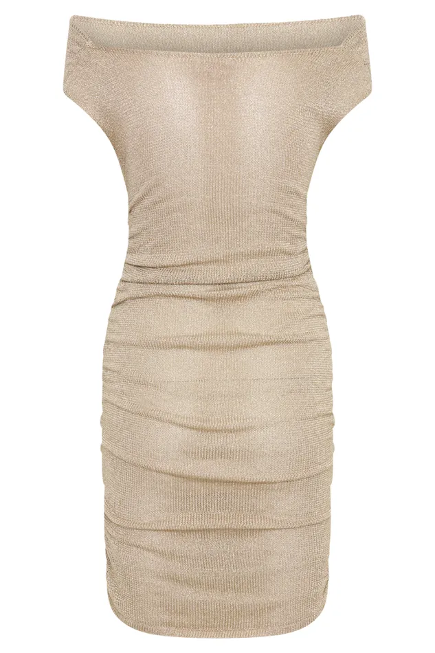 Women Meshki Dresses Pasha Off Shoulder Knit Mini Dress 8211 Gold