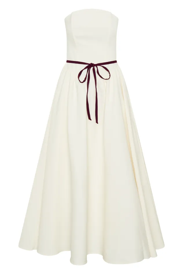 Women Meshki Dresses Penny Strapless Contrast Midi Dress 8211 Ivory and Burgundy
