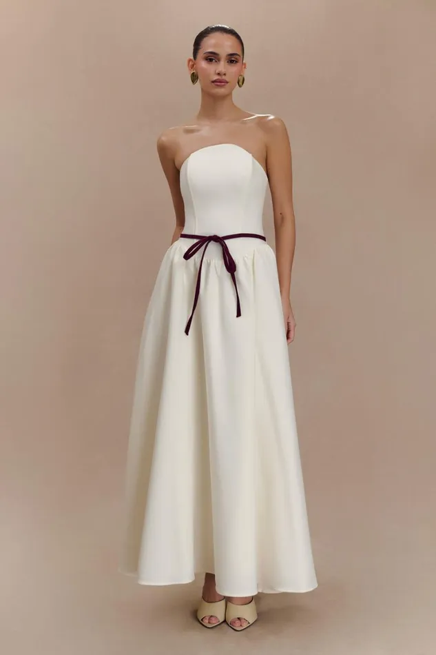 Women Meshki Dresses Penny Strapless Contrast Midi Dress 8211 Ivory and Burgundy
