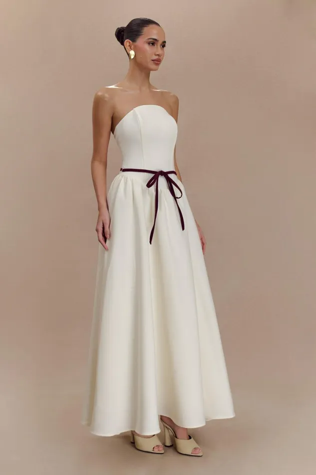 Women Meshki Dresses Penny Strapless Contrast Midi Dress 8211 Ivory and Burgundy