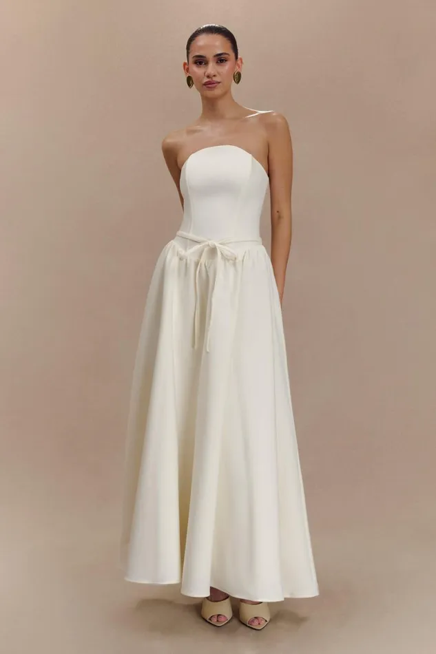 Women Meshki Dresses Penny Strapless Contrast Midi Dress 8211 Ivory and Burgundy