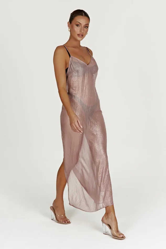 Women Meshki Dresses Phoebe Sheer Iridescent Maxi Dress 8211 Taupe