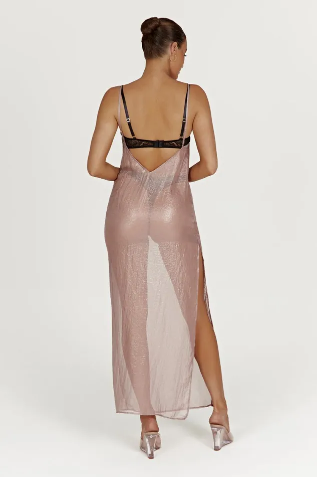 Women Meshki Dresses Phoebe Sheer Iridescent Maxi Dress 8211 Taupe