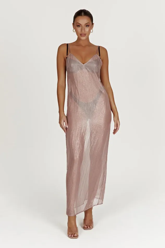 Women Meshki Dresses Phoebe Sheer Iridescent Maxi Dress 8211 Taupe