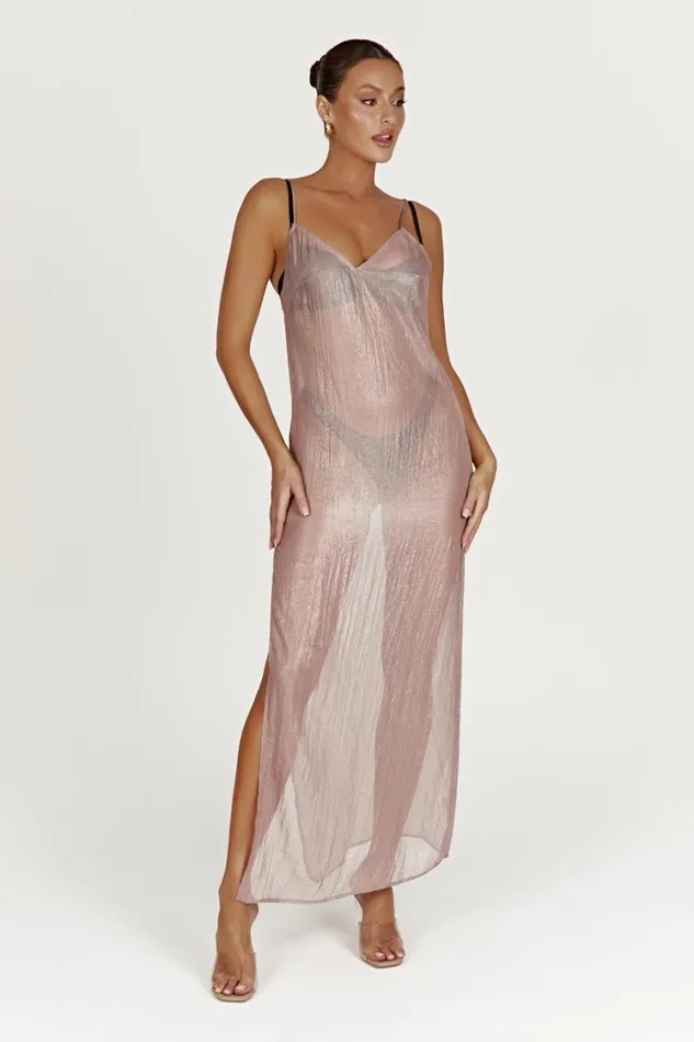 Women Meshki Dresses Phoebe Sheer Iridescent Maxi Dress 8211 Taupe