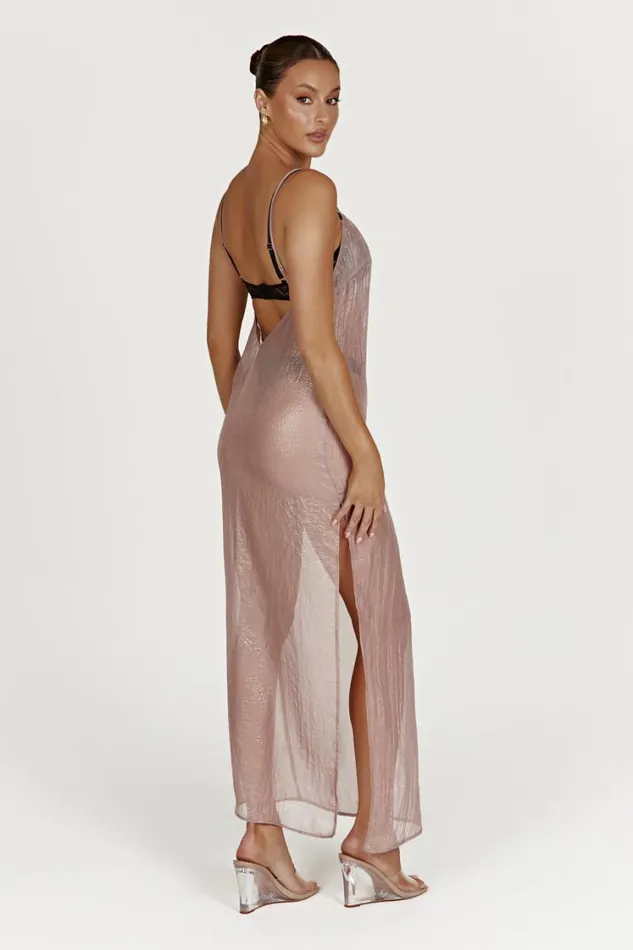 Women Meshki Dresses Phoebe Sheer Iridescent Maxi Dress 8211 Taupe