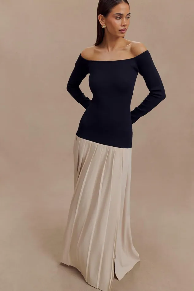 Women Meshki Dresses Presley Contrast Knit Off Shoulder Maxi Dress 8211 Navy And Cream