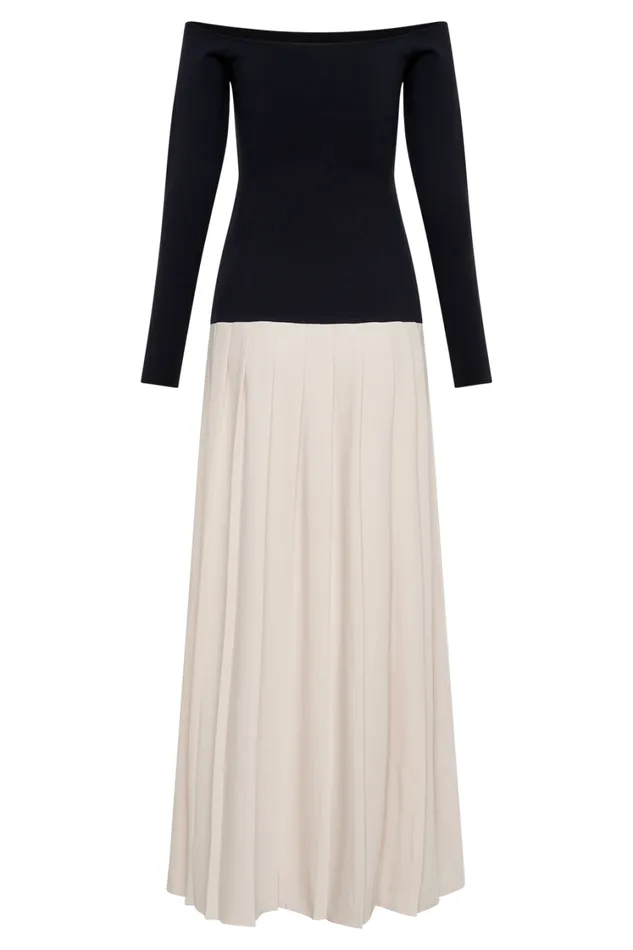 Women Meshki Dresses Presley Contrast Knit Off Shoulder Maxi Dress 8211 Navy And Cream