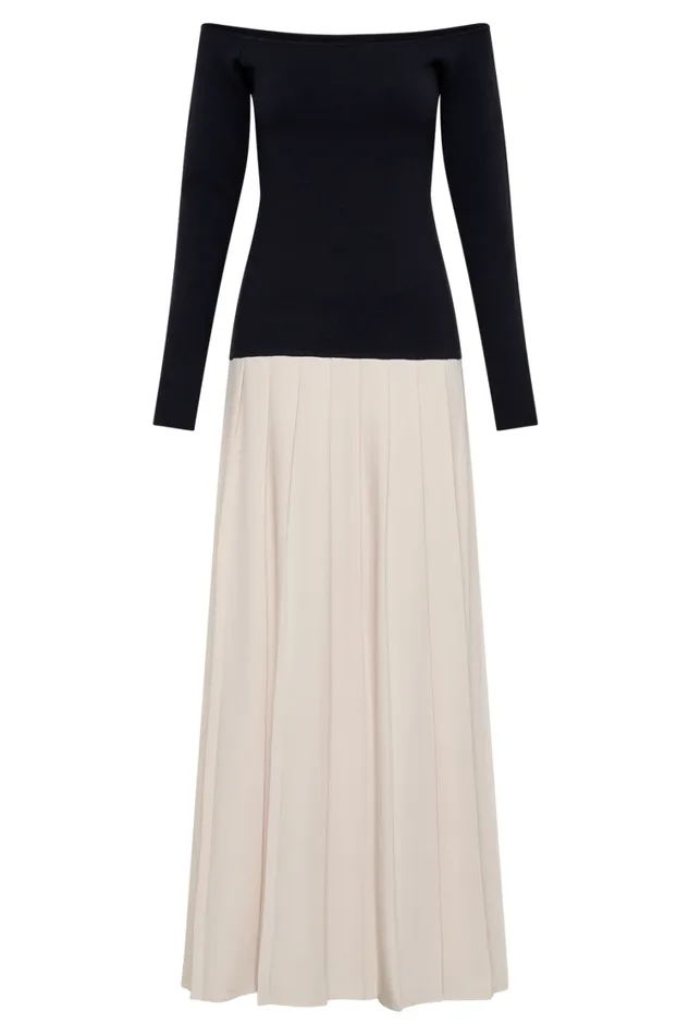 Women Meshki Dresses Presley Contrast Knit Off Shoulder Maxi Dress 8211 Navy And Cream