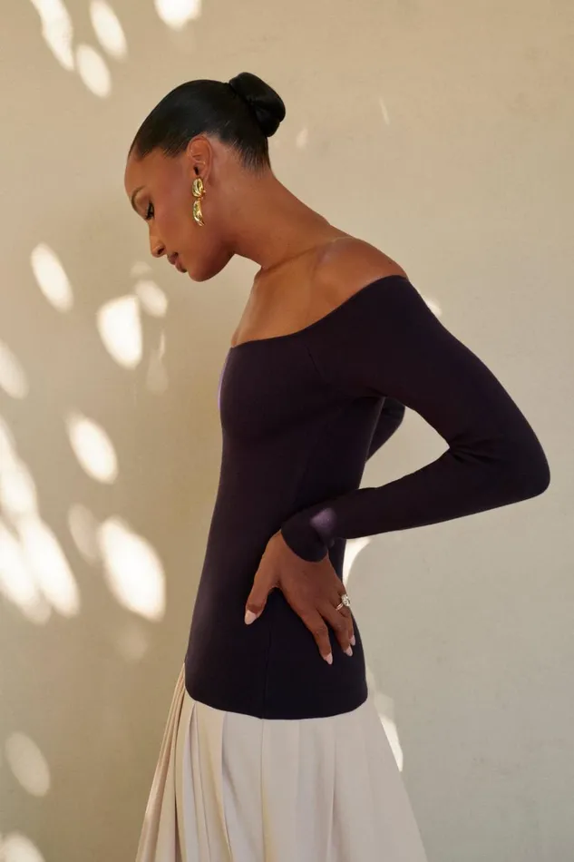 Women Meshki Dresses Presley Contrast Knit Off Shoulder Maxi Dress 8211 Navy And Cream